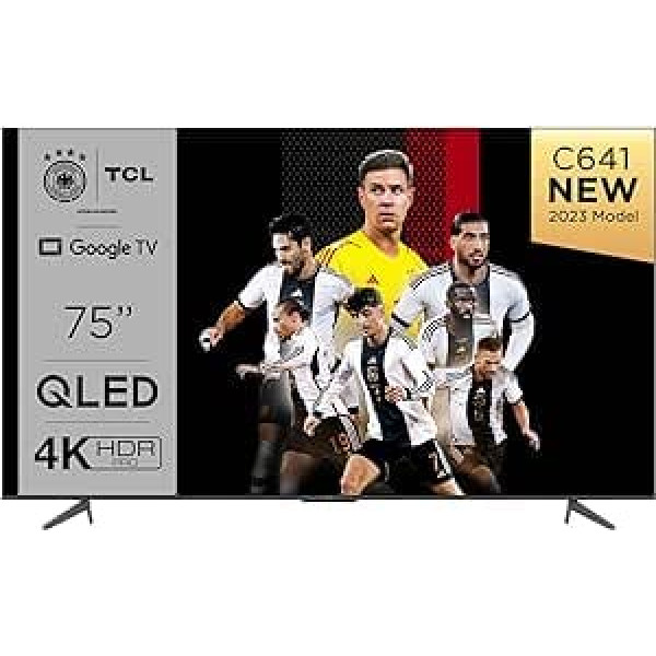 TCL C641 QLED 4K UHD televizors 75 collas (189 cm), 120 Hz spēles, HDR10+, Dolby Vision, Dolby Atmos, viedtelevizors, trīskāršs uztvērējs DVB-T2/S2/C, Google TV, melns, 2023. gada