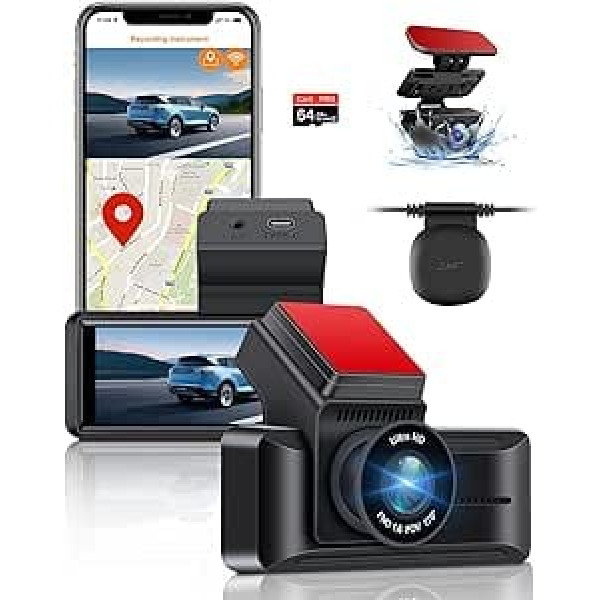 Vtopek 4K Dash Cam ar WiFi Dash Cam Auto ar GPS 3,16 collu mini automašīnas kameru ar 64 GB karti, Dash Cam automašīnas priekša aizmugure ar nakts redzamību, WDR 170°+140° platleņķis, cilpas ierakstīšana, G-sensors, stāvvieta