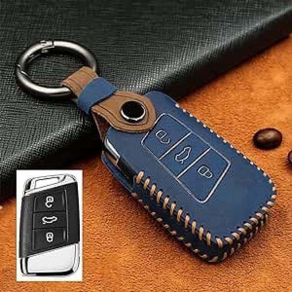 HIBEYO Smart Car Key Case Piemērots VW Protective Remote Control Key Case priekš Skoda Superb Kodiaq Magotan B5 Jetta A7 Touareg Key Case ar ādas Key Fob B Blue