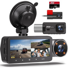 AQV Dashcam Car 2K 1440P+1080P+1080P Dashcam priekšējā aizmugurējā un iekštelpu 3 objektīvu automašīnas kamera, infrasarkanā nakts redzamība, ar 32 GB SD karti, 3,16 collas, G-sensors, cilpas ierakstīšana, WDR, stāvvietas uzraudzība Maks. 1