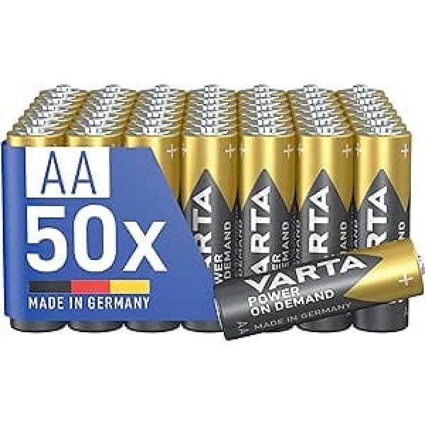 VARTA akumulatori AA pack of 50, Power on Demand, Alkaline, 1,5 V, Storage Pack, Gudrs, Elastīgs, Jaudīgs, Ideāli piemērots datoru piederumiem, Viedām mājas ierīcēm, Ražots Vācijā [ekskluzīvi Amazon]