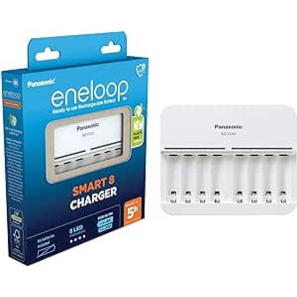 Panasonic eneloop Smart 8 lādētājs 1-8 AA/AAA NI-MH baterijām ar 8 LED indikatoriem un 9 drošības funkcijām, zils