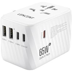 LENCENT starptautiskais ceļojumu adapteris, 65 W GaN3 universālais adapteris ar 2 USB A+3 C tipa PD, pasaules mēroga strāvas adapteris mobilajiem tālruņiem, klēpjdatoriem, viss vienā ceļojumu spraudnis ES/ASV/AK/AU ligzdām, balts