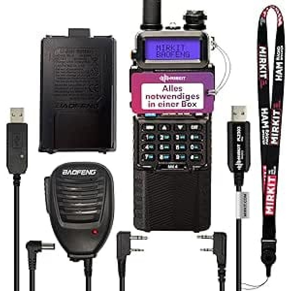 Mirkit Baofeng Full House komplekts VHF/UHF VOX Radio Max Power MK4 ar 3800 un 1800 mAh baterijām, ar Baofeng piederumiem: skaļruņa mikrofonu, programmēšanas kabeli un Mirkit programmatūras papildu komplektu