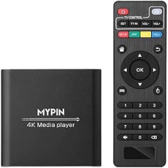 4K multivides atskaņotājs, MYPIN digitālais MP4 atskaņotājs 8TB HDDUSB DriveTFCardH.265 MP4 PPT MKV AVI ar tālvadības pulti, atbalsta HDMIAVKoaxialOut un USB peles tastatūruHDMI līdz 7.1 surround