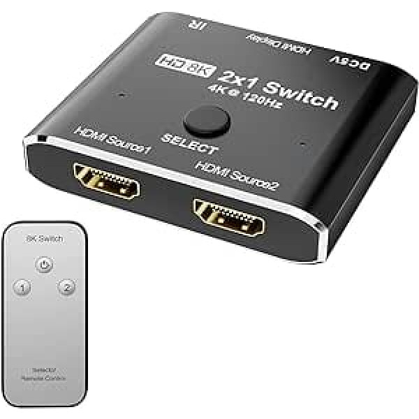 CHENLENIC HDMI 2.1 virziena slēdzis Ultra HD 8K liela ātruma 48Gbps tikai 2" 1out 8K@60Hz 4K@120Hz pārveidotājs, kas saderīgs ar Xbox PS5 projektoru monitoriem (HDMI 2.1 slēdzis ar tālvadības pulti)