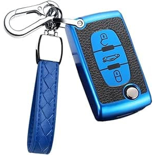 HIBEYO Flip Key automašīnas atslēgas maciņš der Peugeot atslēgas maciņam Citroen C1 C2 C3 C4 Berlingo priekš Peugeot 307 207 407 308 tālvadības pults atslēgu kārba TPU ādas tekstūra 3 pogu zila