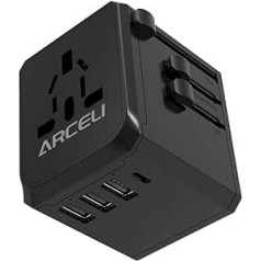 ARCELI ceļojumu adapteris, universālais kontaktligzdas adapteris ar 3USB + C tipa spraudņa adapteri, ceļojumu spraudnis Vācijai, ASV, Lielbritānijai, Taizemei, Itālijai, Austrālijai, starptautiskais strāvas adapteris (melns)