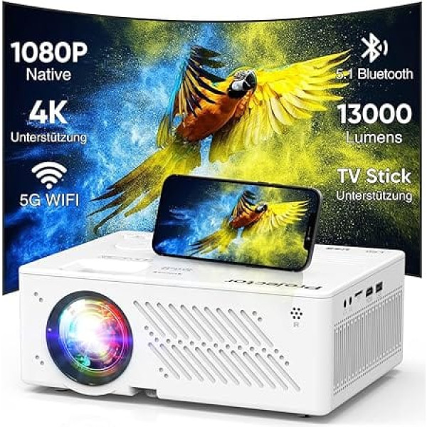 Vietējais 1080P 5G WiFi Bluetooth projektors, 350 ANSI 4K atbalsta filmu projektoru, pārnēsājams āra projektors ar ne vairāk kā 300 collu displeju, mājas kinozāles video projektors, kas saderīgs ar TV Stick, HDMI,