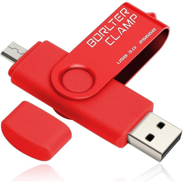 BORLTER CLAMP 256GB USB Flash Drive 2 in 1 Dual Port USB 3.0 Memory Stick OTG Flash Drive for Micro USB Port Android Smartphone Tablets & Computers (Red)