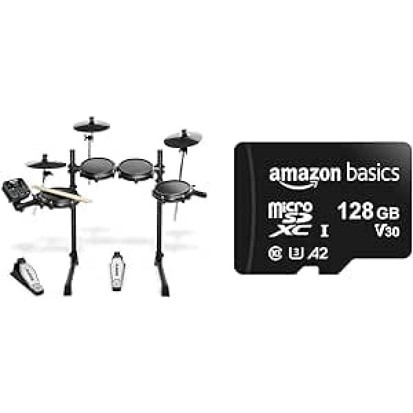 Alesis Turbo Mesh Kit — E Drum/E Drum Kit elektronisks ar acu galviņām un Amazon Basics — MicroSDXC atmiņas karte, 128 GB, ar SD adapteri, A2, U3, 100 MB/s maksimālais lasīšanas ātrums, melns