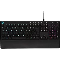 Logitech G213 Gaming Keyboard Prodigy, RGB lighting, programmable G-keys, multimedia controls, integrated palm rest, splashproof, German QWERTY layout, Black