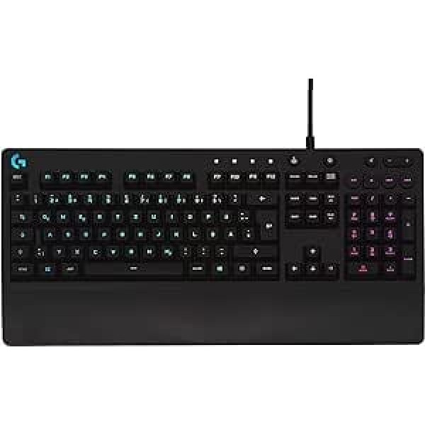 Logitech G213 Gaming Keyboard Prodigy, RGB apgaismojums, programmējami G taustiņi, multivides vadības ierīces, integrēts plaukstu balsts, drošs pret šļakatām, vācu QWERTY izkārtojums, melns