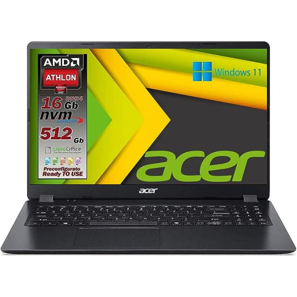 Acer piezīmjdators (A4) Dual Core 4GB RAM, 256GB PCIe NVMe + HDD 500gb, displejs 15,6" HD Led, Svga AMD Radeon R3, 3 USB, Wi-Fi, HDMI, Bwin 10 Pro, Office 2019, gatavs lietošanai