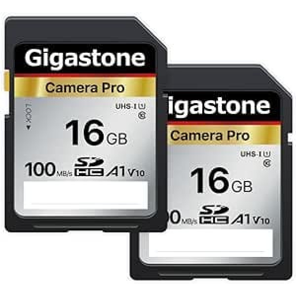 Gigastone SDHC atmiņas karte 16 GB Camera Pro Series 2 kartes Ātrums līdz 100 MB/s Saderīgs ar Canon Nikon Sony videokameru A1 U1 V10 UHS-I Class 10 Full HD video