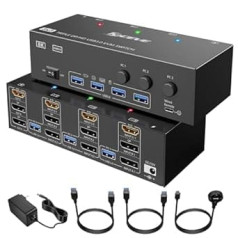 KVM slēdzis 3 dators 3 monitori, HDMI + DisplayPort USB 3.0 KVM slēdzis, 8K@30Hz/4k@144Hz trīskāršu monitoru KVM 3 datoriem, 3 displejiem un 4 USB 3.0 ierīcēm