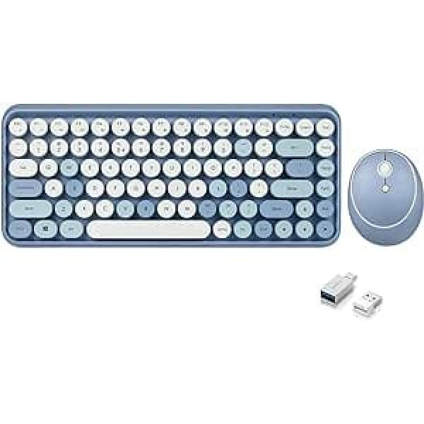 Perixx PERIDUO-713BL bezvadu mini tastatūras un peles kombinācija — retro apaļi taustiņu vāciņi — pasteļzils — izkārtojums ASV angļu valodā