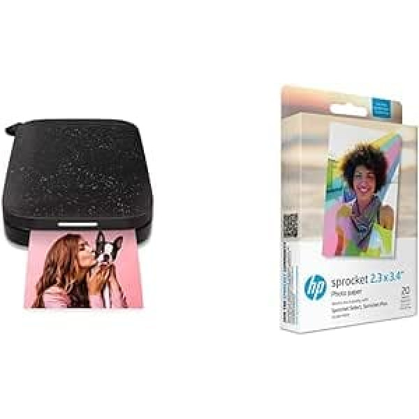 HP Sprocket portatīvais 5 x 7,6 cm tūlītējo attēlu printeris (melns) Sprocket 5,8 x 8,7 cm augstākās kvalitātes cinka uzlīmju fotopapīrs (20 loksnes) saderīgie Sprocket atlasītie fotoattēlu printeri