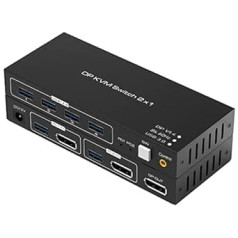 Tendak 2x1 DisplayPort KVM slēdzis DP 1.4 USB 3.0 2 portu datora dators KVM slēdzis tastatūras peles slēdža kaste ar USB 3.0 centrmezgla atbalstu 8K@60Hz 3D HDCP 2.2, 2 datoru koplietošanas pele, tastatūra un monitors