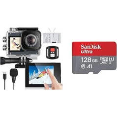 icefox Action Cam 4K zemūdens kamera Ūdensizturīga 40M Ultra HD 20MP kamera 170 grādu un SanDisk Ultra Android microSDXC UHS-I atmiņas karte 128 GB + adapteris