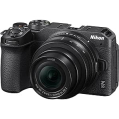 Nikon Z 30 Kit DX 16–50 mm 1:3,5–6,3 VR (20,9 MP, 11 kadri sekundē, hibrīda AF ar fokusa palīgu, ISO 100–51,200, 4K UHD video ar garumu līdz 125 minūtēm) Melns