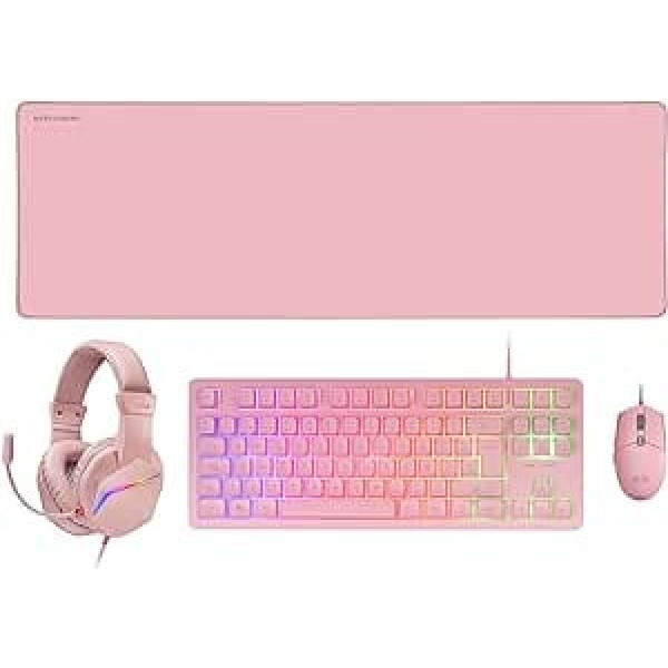 MARSGAMING MCP-RGB3 Pack Gaming Keyboard Fixed RGB + Gaming Mouse RGB Flow 3200 DPI + Headset Over-Ear RGB + XXL Mousepad, Pink, French