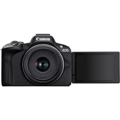 Canon EOS R50 sistēmas kamera + RF-S 18-45 ir STM objektīvs — bezspoguļa kamera (digitālā kamera ar automātisko fokusu un motīvu atpazīšanu Eyes Animals Vehicles, 4K videokamera, 15 kadri sekundē) Melns