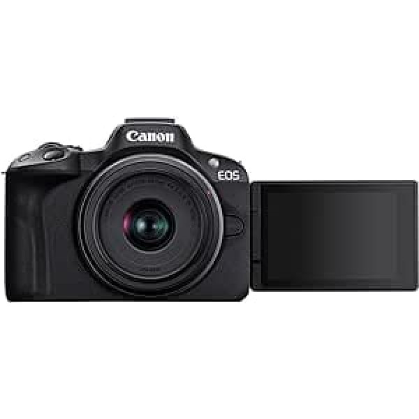 Canon EOS R50 sistēmas kamera + RF-S 18-45 ir STM objektīvs — bezspoguļa kamera (digitālā kamera ar automātisko fokusu un motīvu atpazīšanu Eyes Animals Vehicles, 4K videokamera, 15 kadri sekundē) Melns