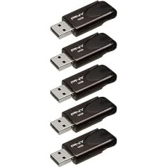 PNY Attaché 4 zibatmiņas diski USB 2.0 ar bīdāmu bezvāciņa dizainu, melns, 5 x 16 GB