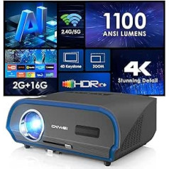 4K projektors Smart Android 9.0 Netflix Airplay WLAN, 1100 ANSI lūmeni 5G WiFi Bluetooth LED projektors FHD 1080P Native mājas kinozāles griestu dienasgaismas 1920 x 1080 LCD projektors ar trapeces korekciju