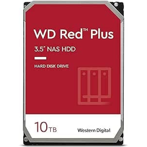 WD Red Plus iekšējais cietais disks NAS 10 TB (3,5 collas, datu pārsūtīšana līdz 215 MB/s, darba slodze 180 TB/gadā, 7200 apgr./min., 256 MB kešatmiņa, 8 nodalījumi) Sarkans