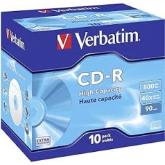 Verbatim CD-R liela ietilpība — 800 MB, 40 fache Brenngeschwindigkeit ar Langer Lebensdauer und Extraschutz, 10 er Pack Jewel Case