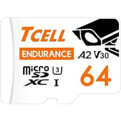 TCELL augstas izturības 64 GB MicroSDXC atmiņas karte ar adapteri, A2, UHS-I U3, V30, 4K, Micro SD karte, lasīšanas/rakstīšanas ātrums līdz 100/80 MB/s, Full HD Microsd priekš paneļa kamerām, IP/bērnu/ķermeņa/mājdzīvnieku Kameras