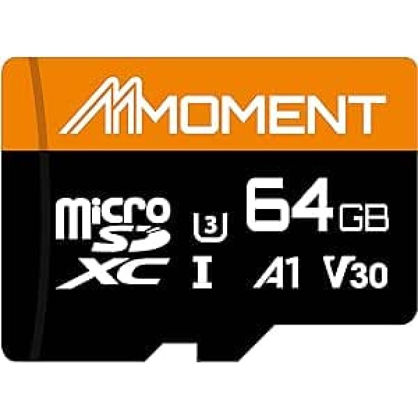 MMOMENT Micro SDXC karte, A1, UHS-I, U3, V30, Class10 saderīga, lasīšanas ātrums līdz 95 MB/s, rakstīšanas ātrums līdz 35 MB/s, iekļauts SD adapteris (64 GB, oranža liela ātruma - A1, U3