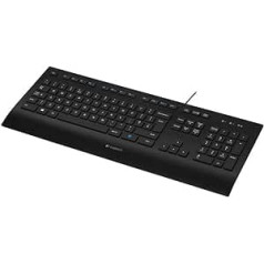 Logitech K280e Pro vadu biznesa tastatūra operētājsistēmai Windows, Linux un Chrome, USB ports, plaukstu balsts, drošs pret šļakatām, dators/klēpjdators, vācu QWERTY izkārtojums — melns