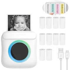 LUFEIS Mini Bluetooth termiskais printeris, mobilā tālruņa fotoprinteris, termiskais printeris, septiņu krāsu apkārtējā gaisma, komplektā ar desmit sējumu baltu printera papīru, mācību palīglīdzeklim, ceļojumiem