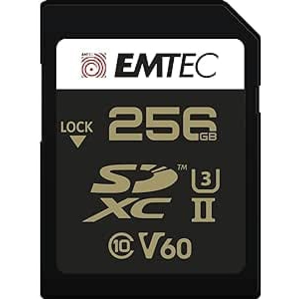 Emtec SpeedIN Pro+ SD atmiņas karte 256 GB, SDXC UHS-II U3 V60, Full HD, 3D, 4K, 8K UHD, lasīšanas ātrums līdz 300 MB/s un rakstīšanas ātrums līdz 160 MB/s