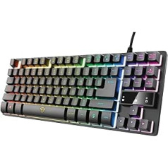 Trust Gaming GXT 833 Thado NL/US tastatūra ar TKL dizainu — holandiešu QWERTY tastatūras izkārtojums, ASV tastatūra — pret spoku veidošanās, daudzkrāsains LED apgaismojums, 12 multivides taustiņi, USB Plug & Play, dators/klēpjdators