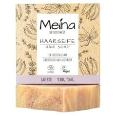 Meina Natural Cosmetics organiskais šampūns ar lavandu un ilangilangu (1 x 80 g) bez palmu eļļas, vegānisks cietais šampūns, šampūnu ziepes vīriešiem un sievietēm