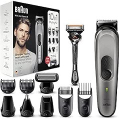 Braun Multi-Grooming Kit 7 MGK7320 10-in-1 bārdas un matu griezējs, vīriešu griezējs, matu griezējs sejai, galvai, ķermenim, ausu un deguna matiem, 8 stiprinājumi, melns/sudrabs