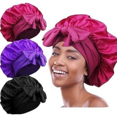 3 Pieces Satin Hood for Black Women Large Silky Bonnet with Ribbon Jumbo Braids Bonnet