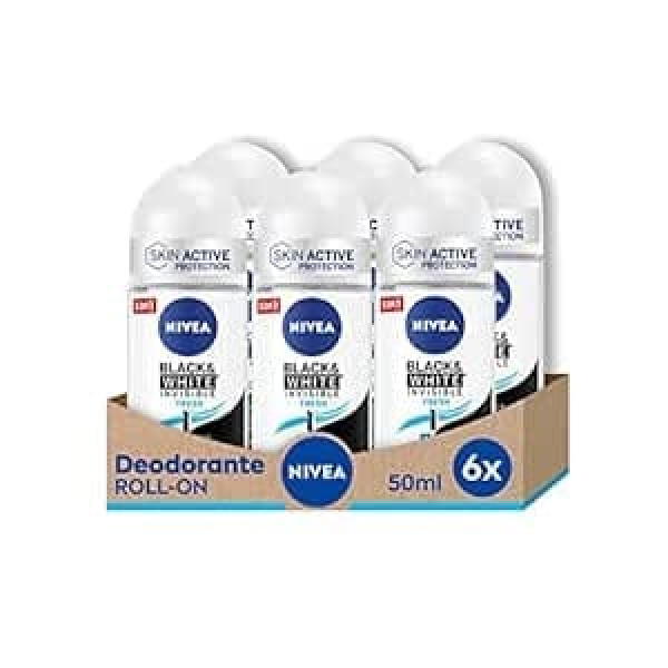 Nivea Black & White Invisible Fresh Air Freshener Roll-On, 6 x 50 мл, дезодорант-спрей, свежесть и отсутствие разводов, антиперспирант, защищает кожу и одежду