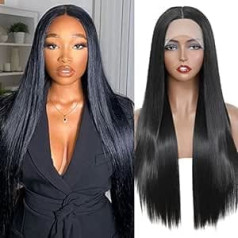 ‎Soku SOKU Yaki Lace Front Wig Synthetic Straight Natural Long Straight Heat Resistant Soft Medium Lace Front Wigs for Women Black Daily Wear (26 Inch)