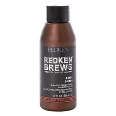 REDKEN Brews 3-in-1 šampūns, kondicionieris un ķermeņa mazgāšanas līdzeklis visiem ādas un matu tipiem, 50 ml