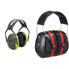 3M Peltor Ear Defenders X4A Neon Green - Ear Defenders with Adjustable Headband in Narrow Double Strap Design - SNR 33 dB & Optime III Ear Protection Black/Red - SNR 35