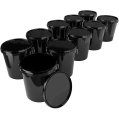 10 x buckets with lid, 16 litres, black, food-safe, airtight and stable, empty bucket with handle and closure, lid for food, chemistry, wall, paint, washing powder, adhesives