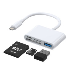 HUB karšu lasītāja adapteris iPhone OTG Lightning - USB SD TF karšu lasītājs balts