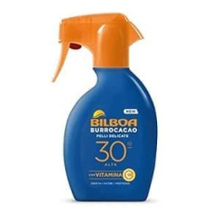 Bilboa Burrocacao Sun Spray Spray Trigger SPF 30, Augsta aizsardzība pret sauli jutīgai ādai, Formula ar C vitamīnu, Mitrinošs, Baro un aizsargā, Bez alkohola, Dermatoloģiski pārbaudīts, 250 ml