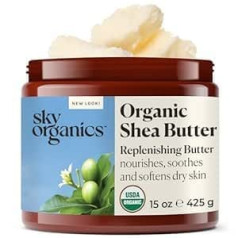 Sky Organics organiskais šī sviests Šī sviests organiskais ķermeņa un sejas kosmētikai, USDA sertificēts, 100% neapstrādāts šī sviests, nerafinēts elastīgai, gludai un mirdzošai ādai, 15 oz