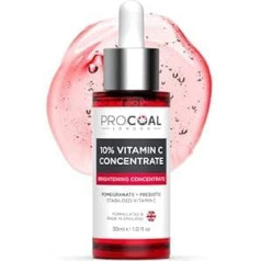 Procoal Procharcoal 10% C vitamīna seruma koncentrāts 30 ml - Vegānu C vitamīna serums sejai ar prebiotikām, granātābolu un kakadu plūmēm, 100% pārstrādājams iepakojums, ražots Apvienotajā Karalistē